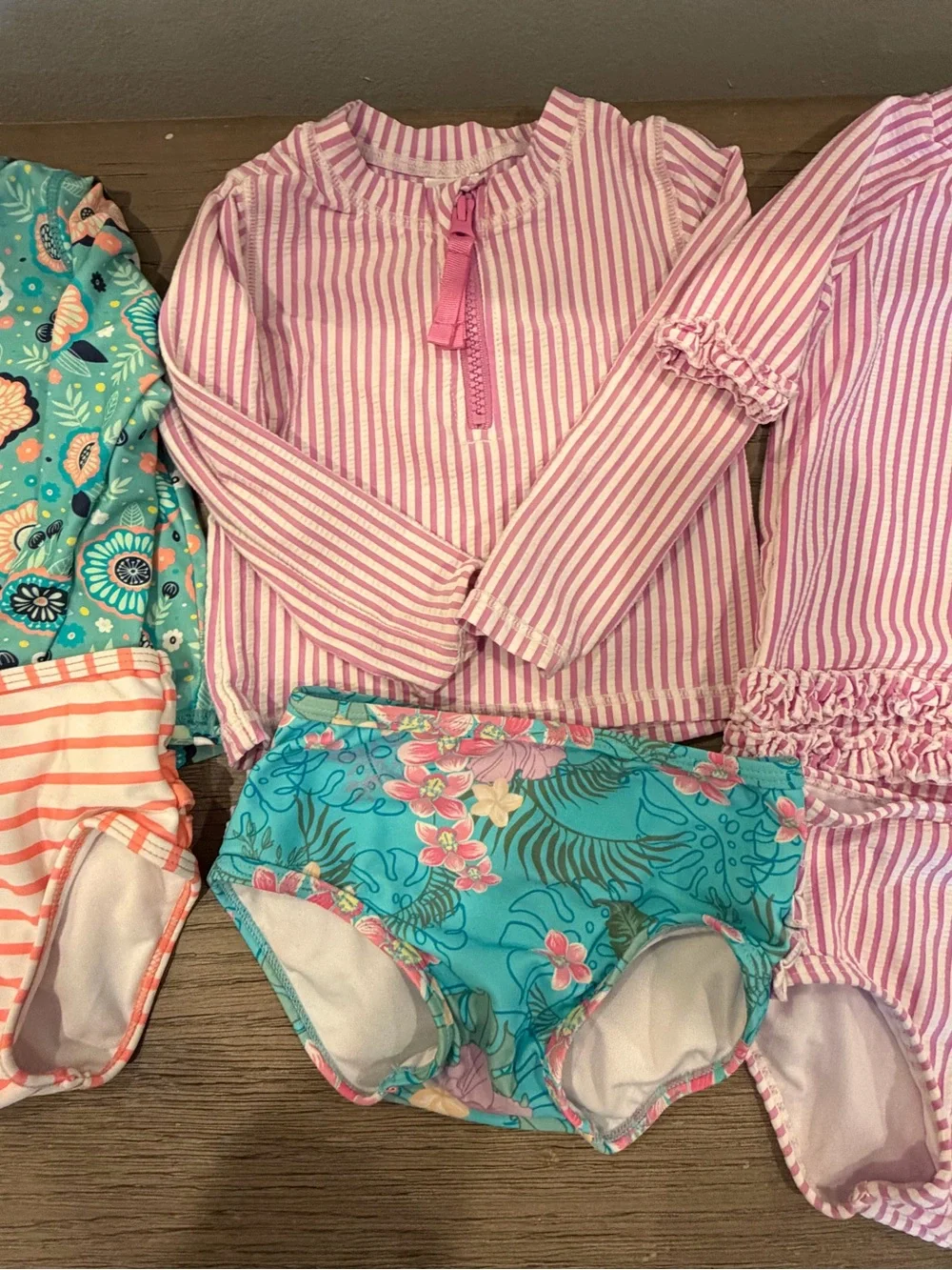 Ruffle Butts Pink & Teal Girls Long-Sleeve Swim Bodysuit Set